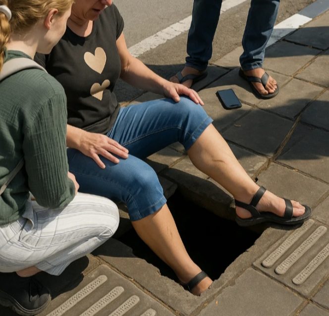 
					Wisatawan asing nyungseng ke lubang utilitas terbuka trotoar Labuan Bajo.(ist)